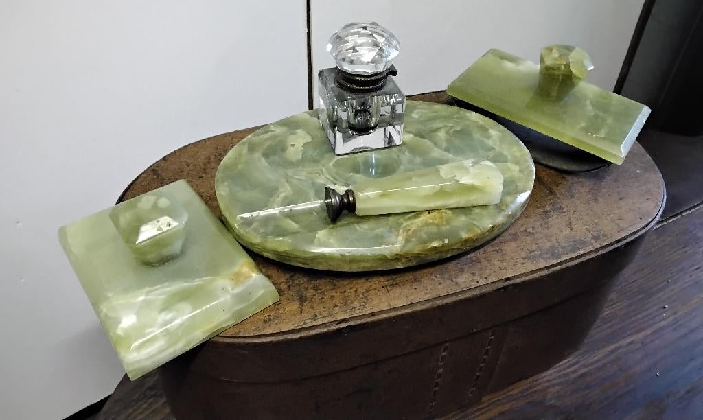 ART DECO ENSEMBLE BUREAU EN ONYX VERT, Enlèvement ou Envoi