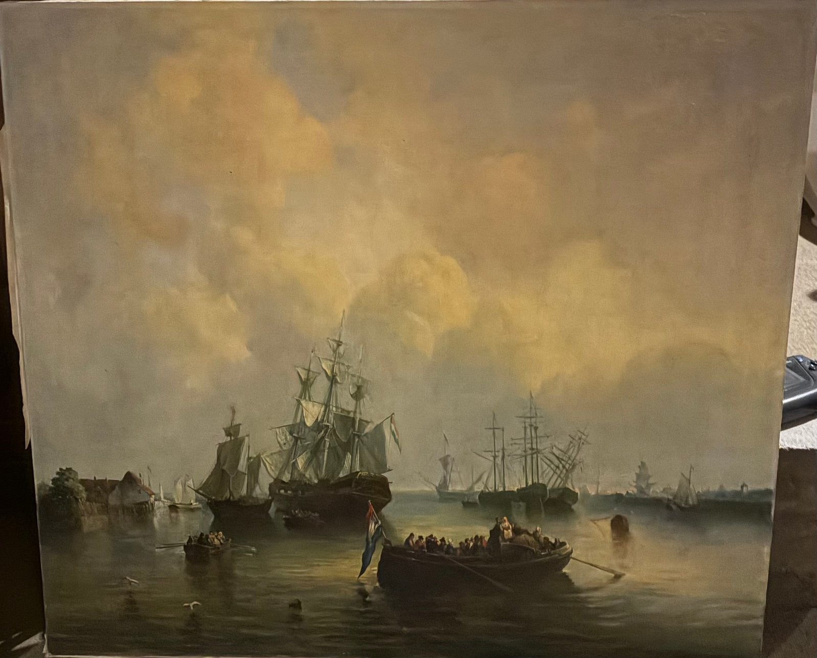 Groot maritiem schilderij – zeilschip met sloep 100  90 cm, Ophalen, Zo goed als nieuw