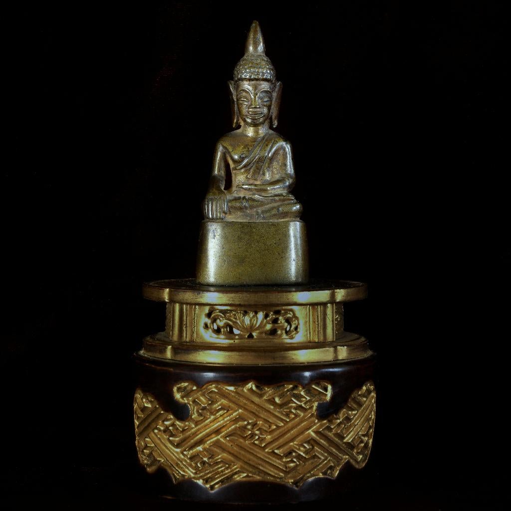 Kleine Boeddha, antiek brons uit Birma + vergulde voet, 1870, Antiek en Kunst, Verzenden