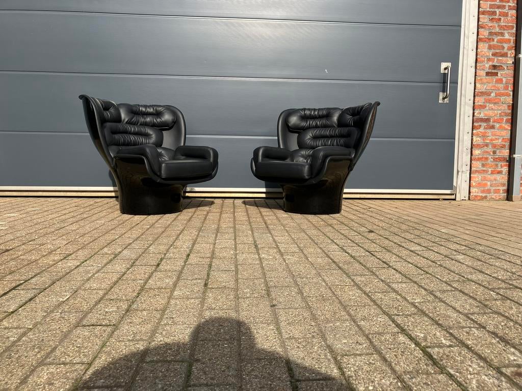 2x Joe Colombo Elda Chair Black leather, Black fiberglass, Huis en Inrichting, Fauteuils, Ophalen of Verzenden