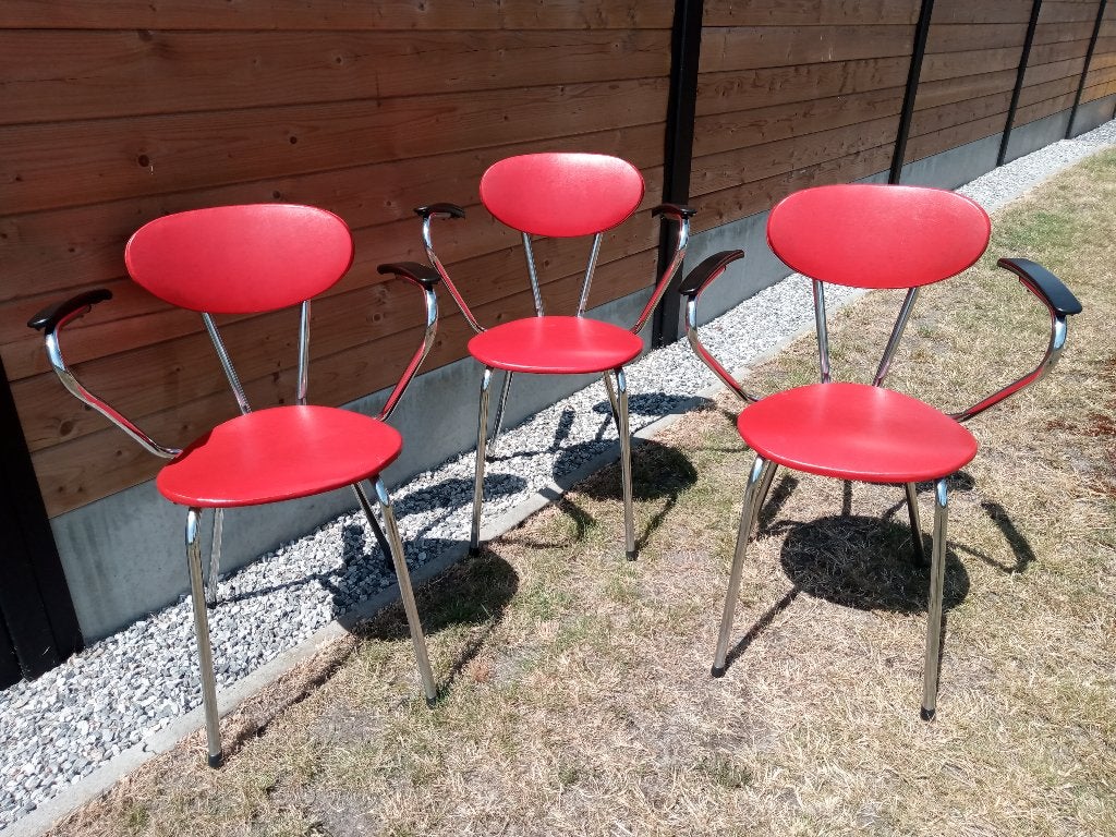 3 rode vintage keukenstoelen jaren 50/60, Huis en Inrichting, Stoelen, Ophalen, Gebruikt, Rood, Hout