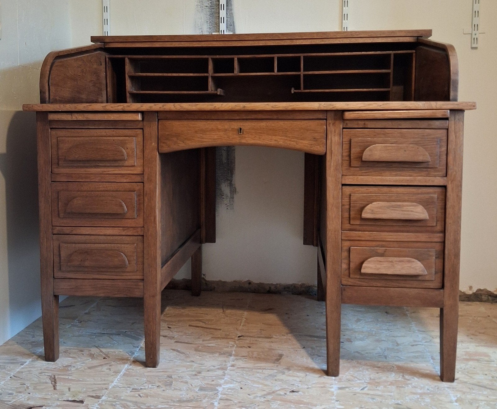 Oud bureau, 6 lades, antiek, rolluik, hout, behandeld., Ophalen, Gebruikt, Antiek, Bruin