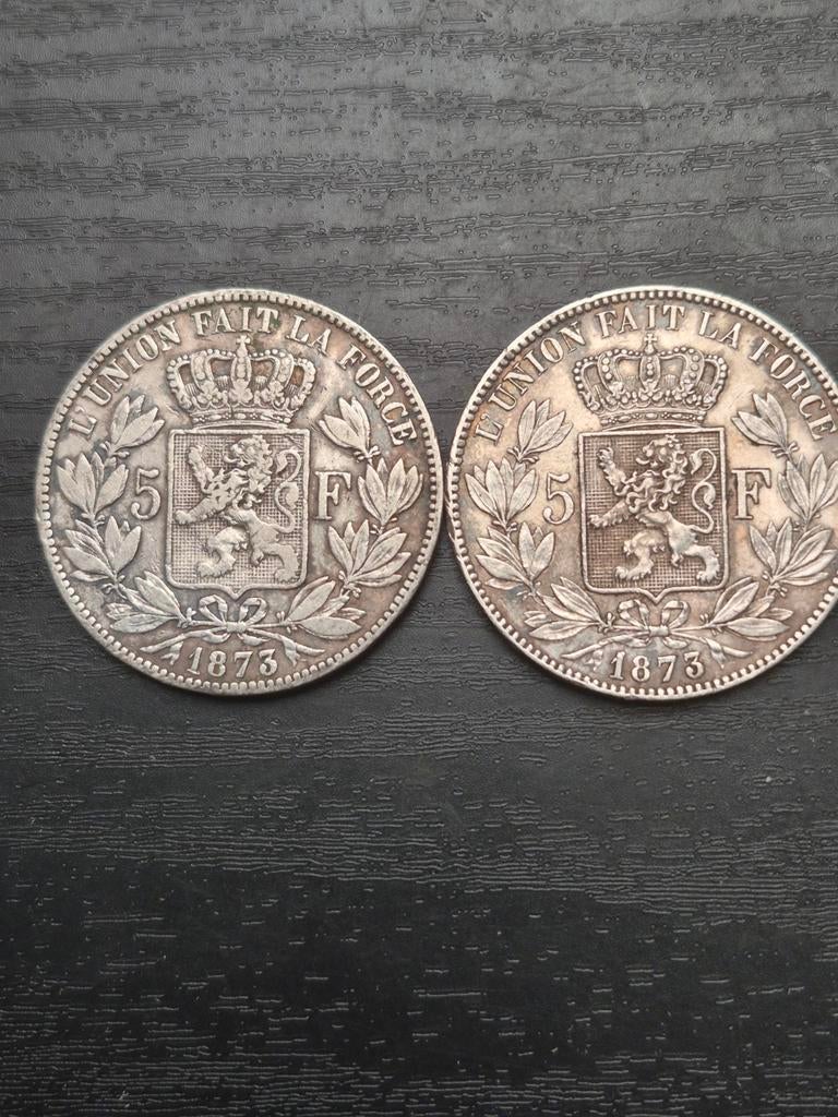 LOT 2 zilveren munten 5 Francs België Leopold II 1873, Ophalen