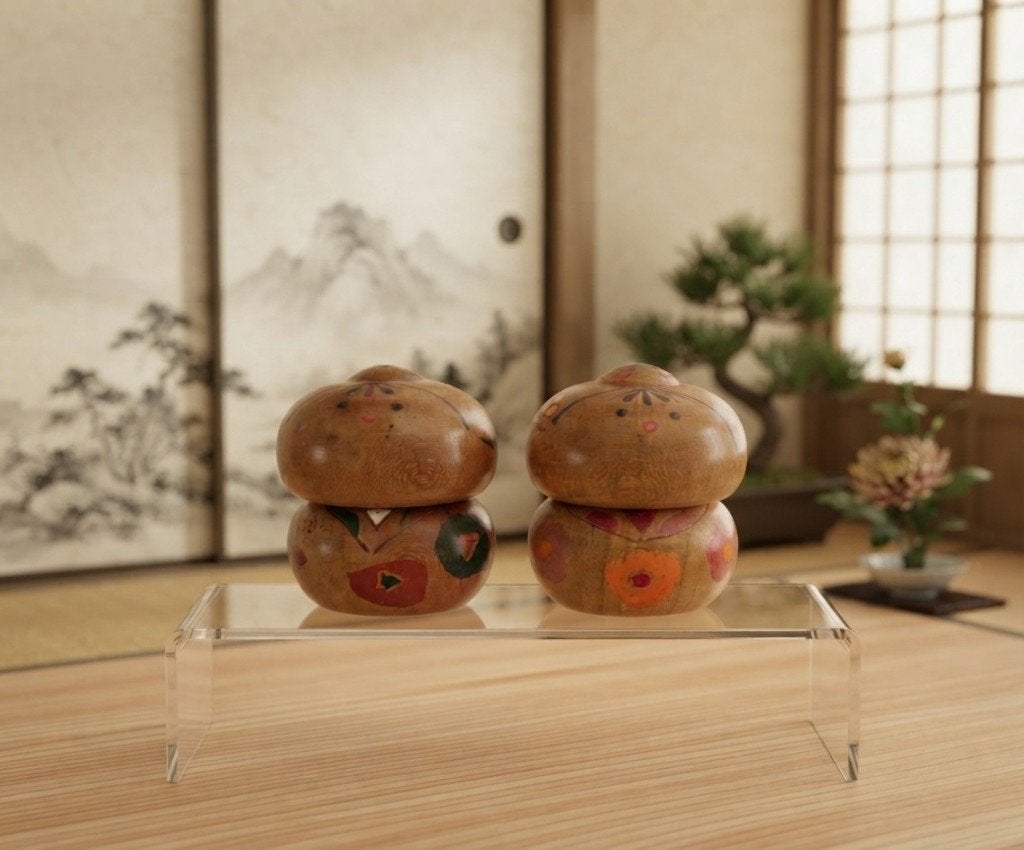 Vintage kokeshi paar van Takeda Masashi (1930-2015), Hout, 6 cm, Geschilderd, Ophalen of Verzenden
