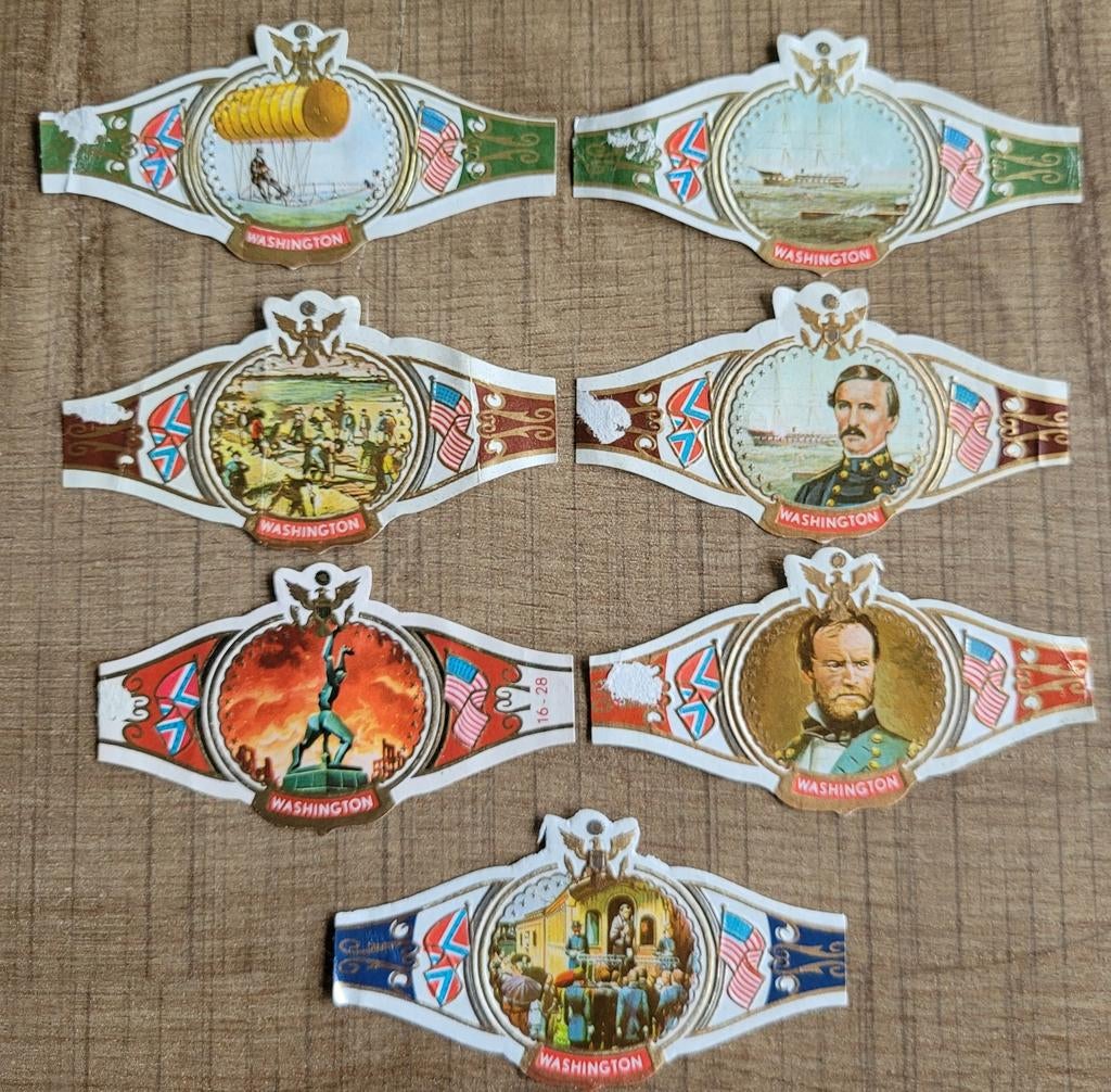 7 oude sigarenbandjes: Amerikaanse gebeurtenissen, Enlèvement ou Envoi, Utilisé, Bagues de cigare