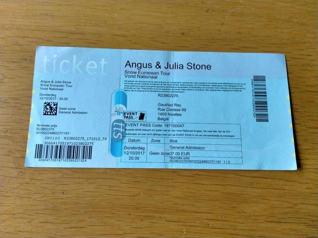 Ticket de concert Angus & Julia Stone@Forest National 2017, Collections, Collections Autre, Utilisé, Enlèvement