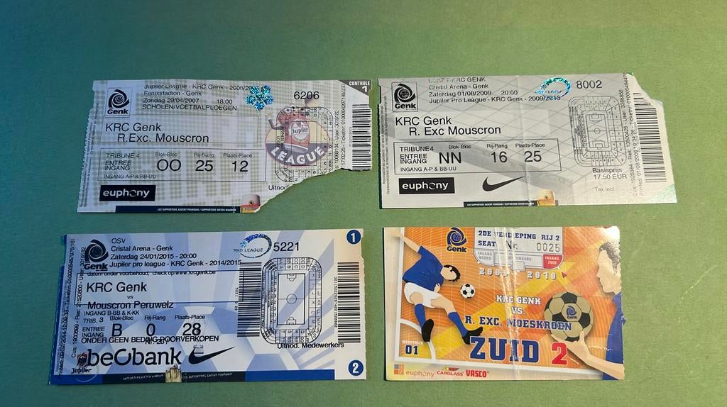 4 tickets RC Genk - Excelsior Mouscron 2007 2009 2015, Collections, Articles de Sport & Football, Envoi, Utilisé