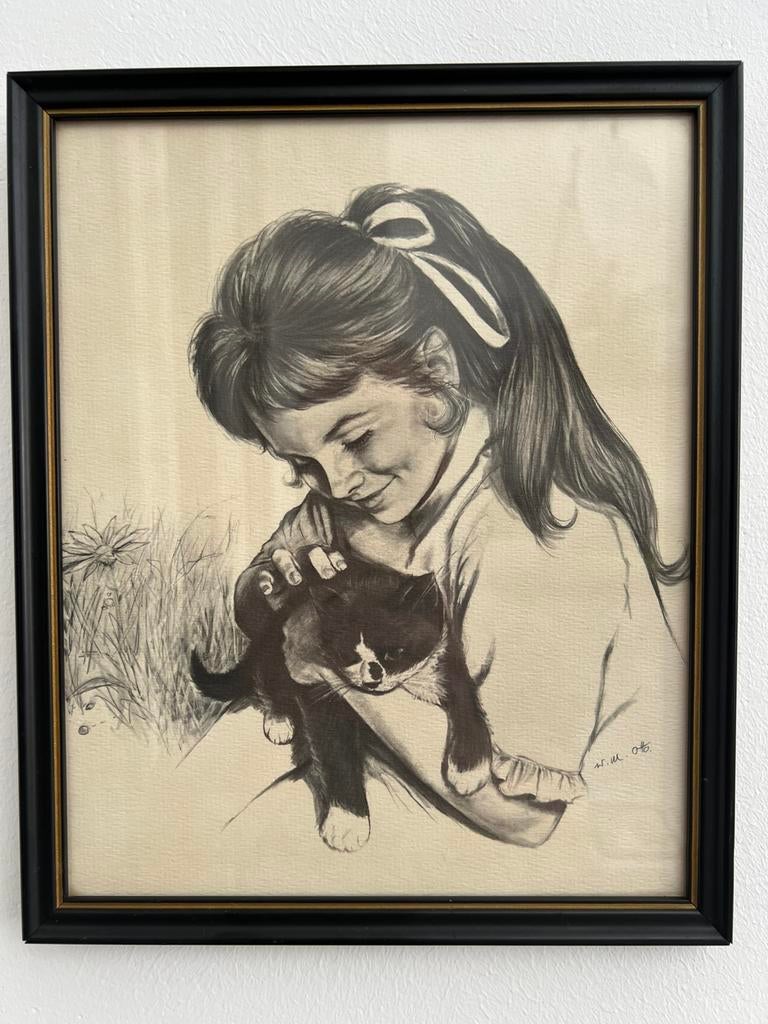 WM Otto - fille avec dessin de chat au graphite/crayon, Enlèvement ou Envoi