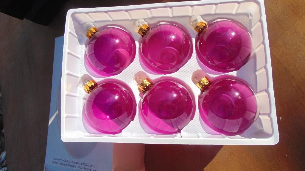 Doos van 6 handgemaakte glazen kerstballen paars transparant, Ophalen of Verzenden, Nieuw