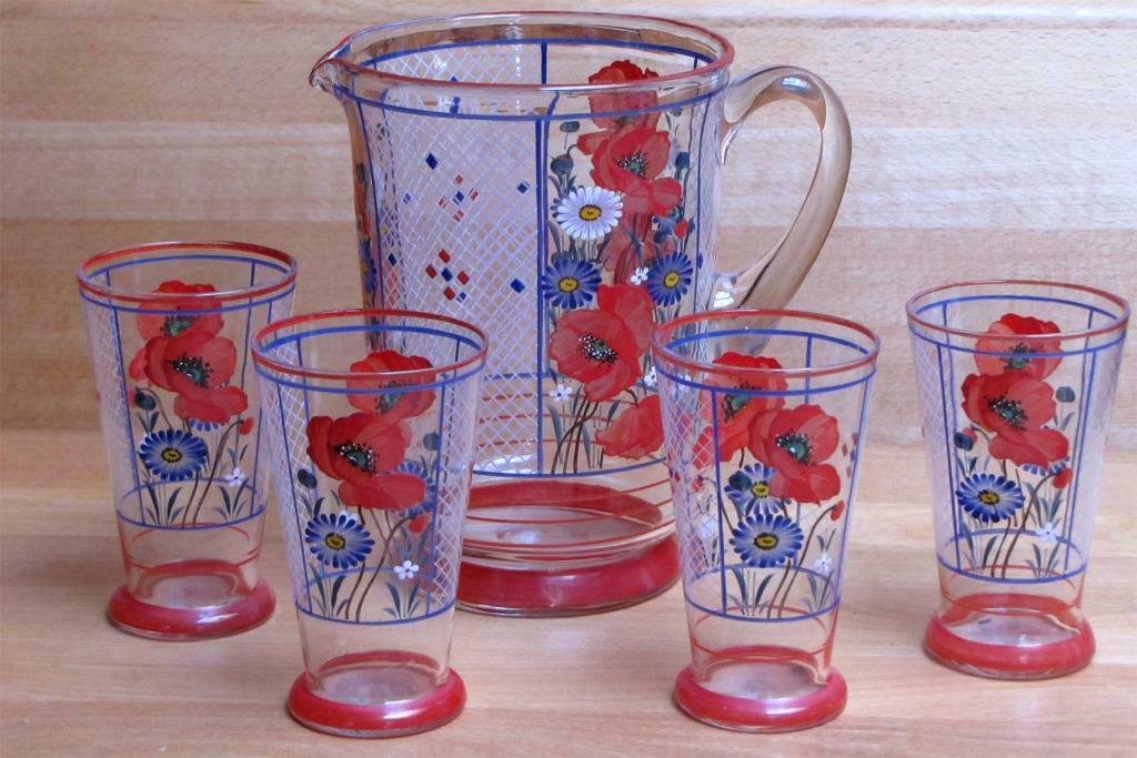 4 verres anciens et carafe – motif coquelicot et bleuet, Antiek en Kunst, Ophalen of Verzenden