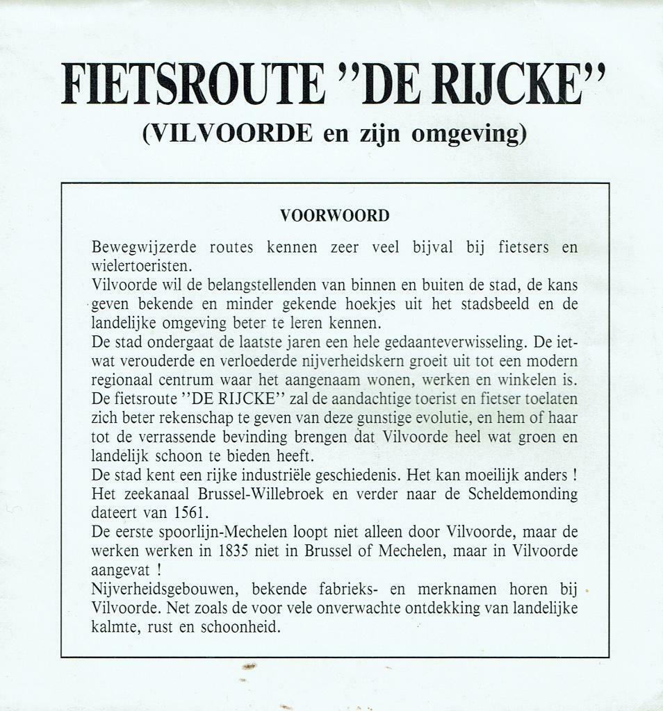 Fietsroute "De Rijcke" Vilvoorde en omgeving 1991, Verzenden, Gebruikt