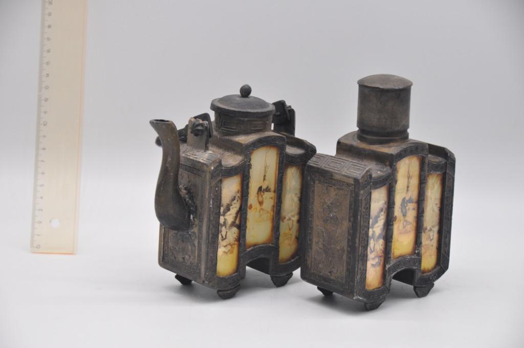 Théière ancienne et boîte à thé - étain - Chine 1920, Antiquités & Art, Enlèvement ou Envoi