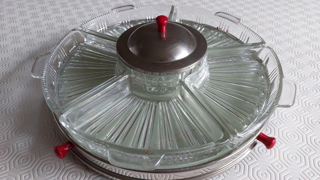 🎁 Glazen draaibare aperitiefschaal, Ophalen of Verzenden, Gebruikt, Rond, Glas