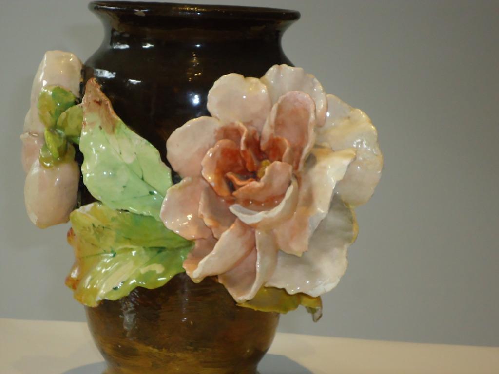 Barbotine vaas XIXE Longchamp art nouveau grote bloemen FL, Antiek en Kunst, Antiek | Vazen, Ophalen of Verzenden