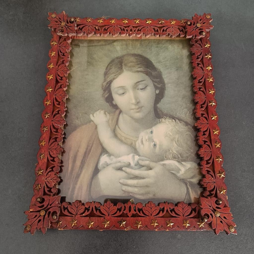 Vierge à l'enfant dans un cadre en bois sculpté., Enlèvement ou Envoi, Utilisé, Autres types