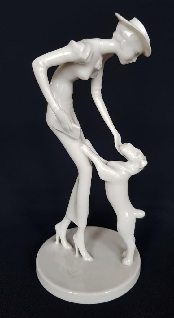 Figurine Art Déco - Dame avec son terrier -Metzler & Ortloff, Enlèvement ou Envoi