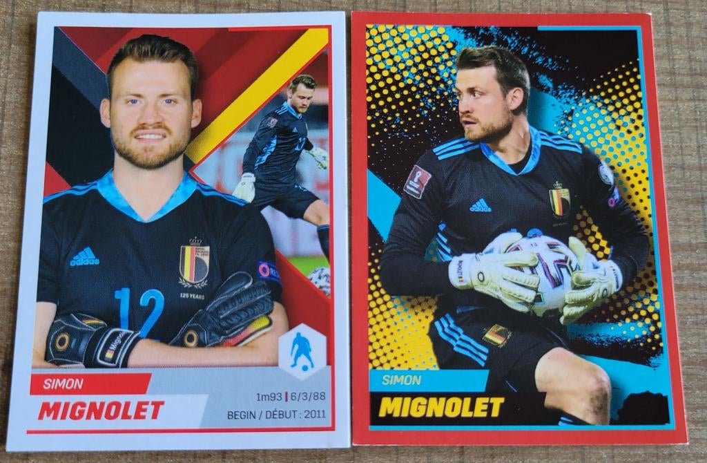 2 Panini stickers: Simon Mignolet, Ophalen of Verzenden, Zo goed als nieuw, Poster, Plaatje of Sticker