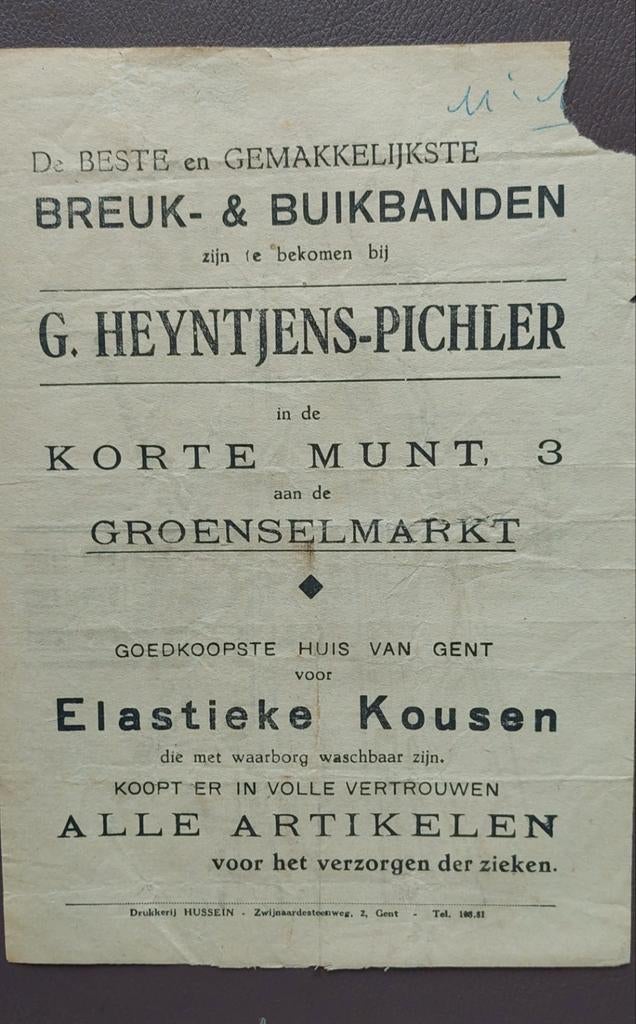 Oude reclame G. Heyntjens -Pichler. Breuk & Buikbanden Gent, Ophalen of Verzenden