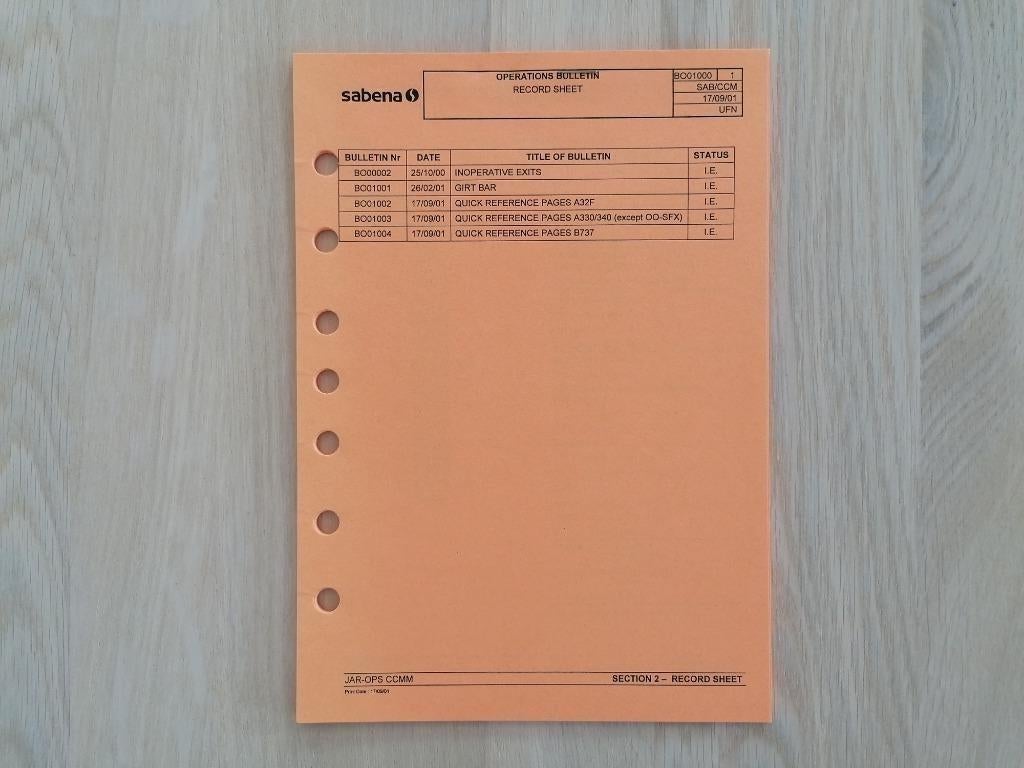 Bulletin Sabena feuille d'enregistrement A320 A330 A340 B737, Enlèvement ou Envoi, Neuf