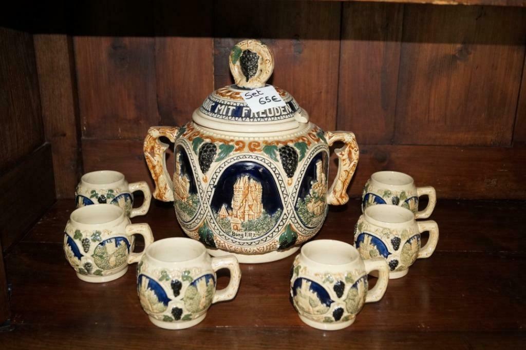 Antieke Duitse pot deksel en met 6 bijpassen mokken, Verzamelen, Glas en Drinkglazen, Ophalen, Gebruikt, Overige typen