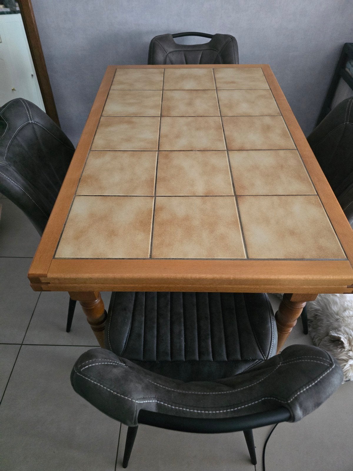 Tafel met tegels (uitschuifbaar 6p), Ophalen, Eikenhout, 50 tot 100 cm, Zo goed als nieuw