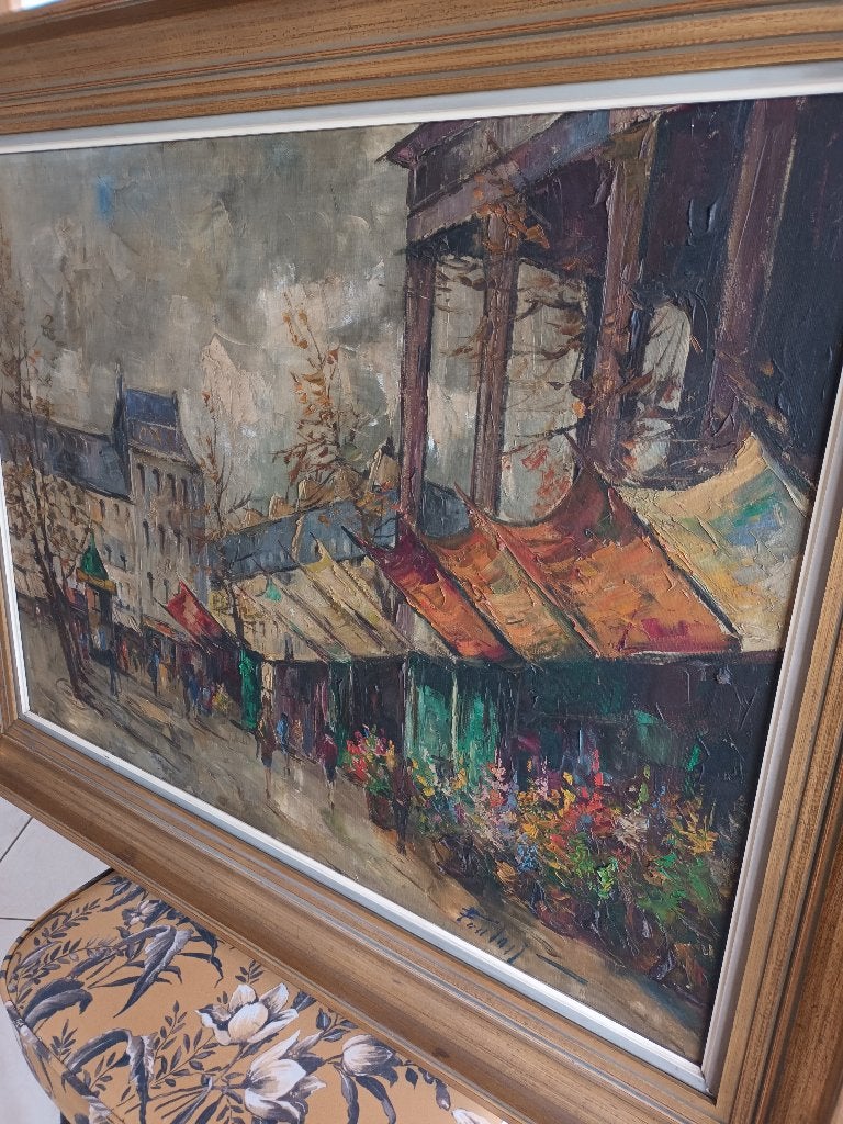 Schilderij jj.foulon , straten van parijs , groot, Ophalen, Doek, Gesigneerd, Olieverf