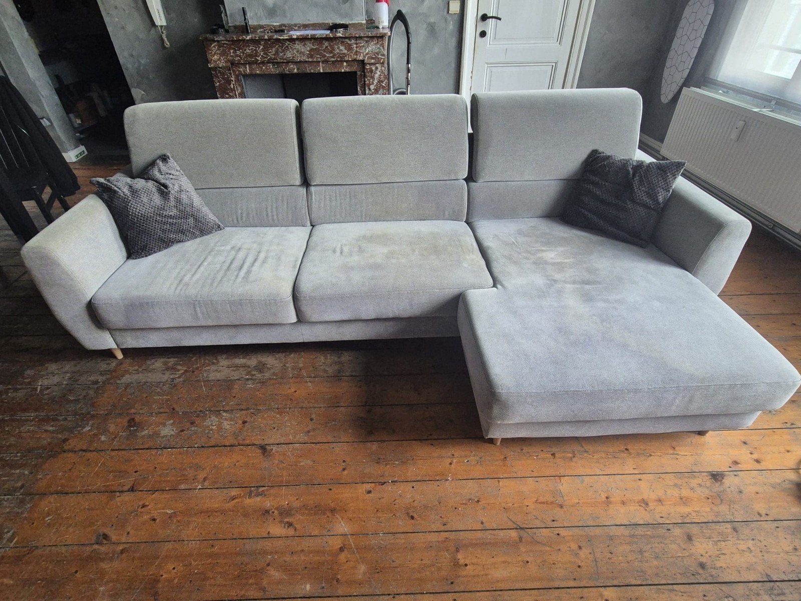 3-zits hoekbank met chaise longue – lichtgrijs, Ophalen, Stof