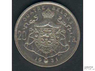 Belgique : 20 francs soit 4 belga 1931 FR (B) = morin 376 B, Envoi, Monnaie en vrac