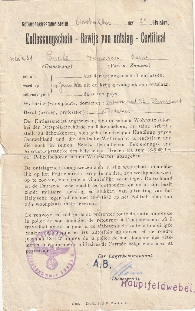Oorlog 1940-1945 bewijs van ontslag concentratiekamp, Ophalen of Verzenden
