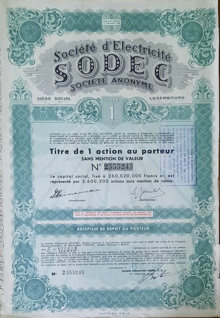 Société d'Electricité - SODEC - 1947 - Luxembourg, Timbres & Monnaies, Enlèvement ou Envoi, 1920 à 1950, Action