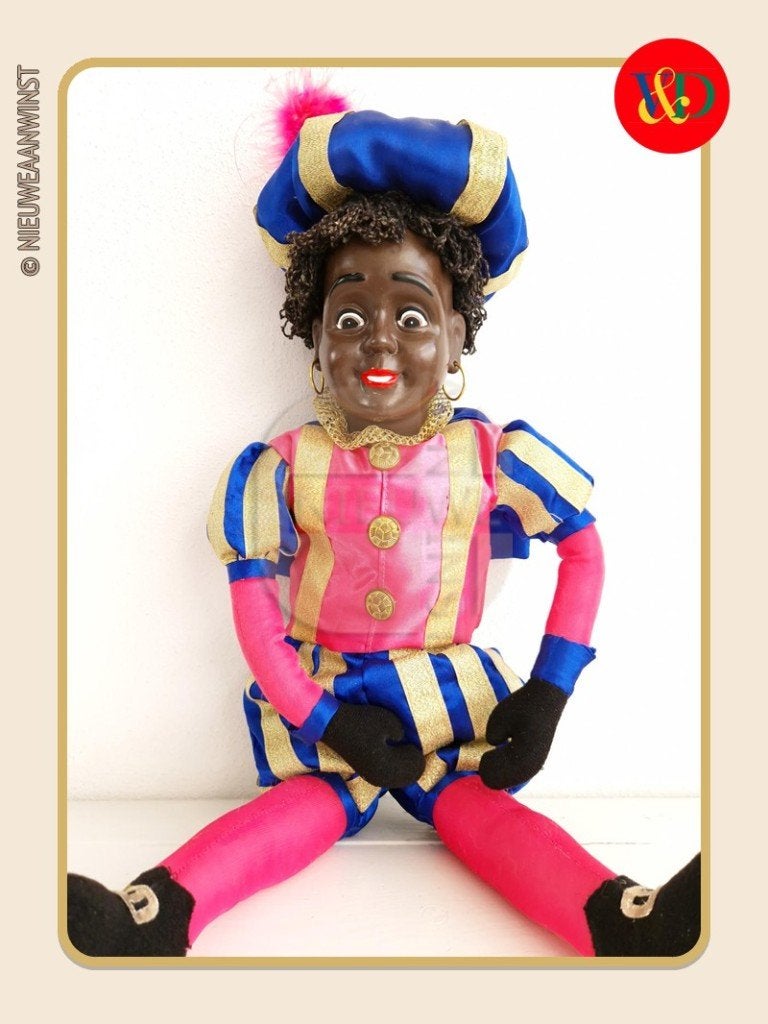 Nostalgische V&D etalage Piet pop - roze/blauw - 60cm, Verzenden, Zo goed als nieuw