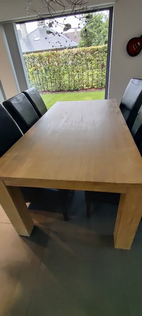 Eettafel teak met 6 donker bruine stoelen, Teck, 150 à 200 cm, Cinq personnes ou plus, Eettafel teak
