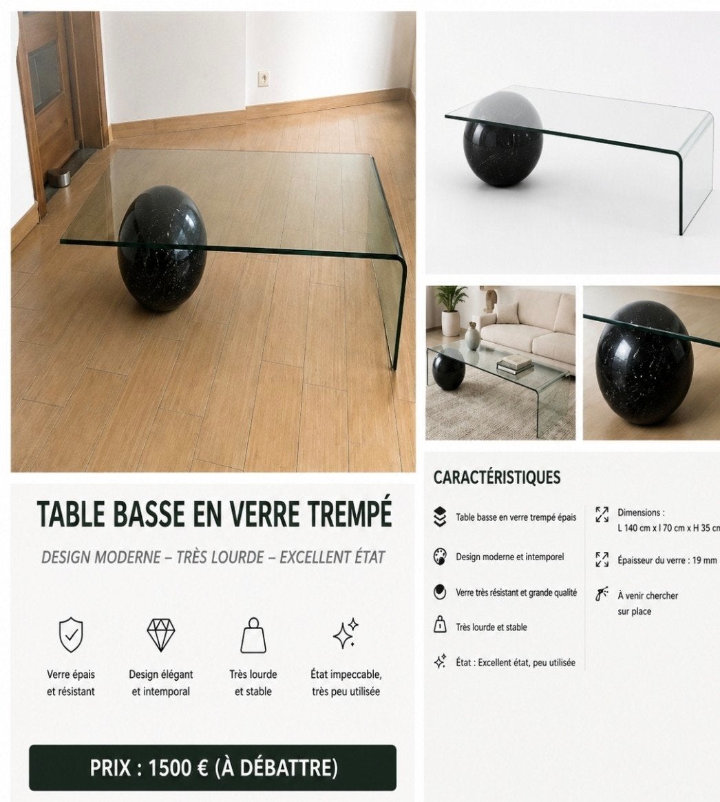 Magnifique table basse en verre trempé epais- design moderne, Maison & Meubles, Tables | Tables de salon, Enlèvement