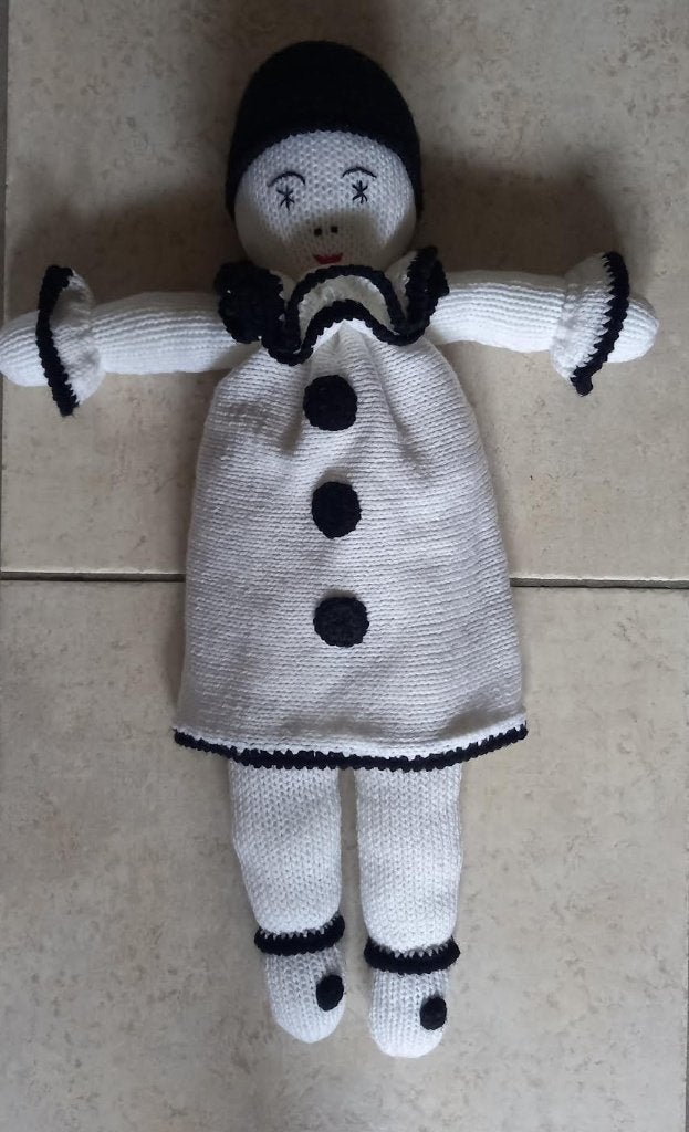 Knuffel Pierrot-pop: handgemaakte zwart-witte clown 57 cm, Ophalen of Verzenden, Zo goed als nieuw