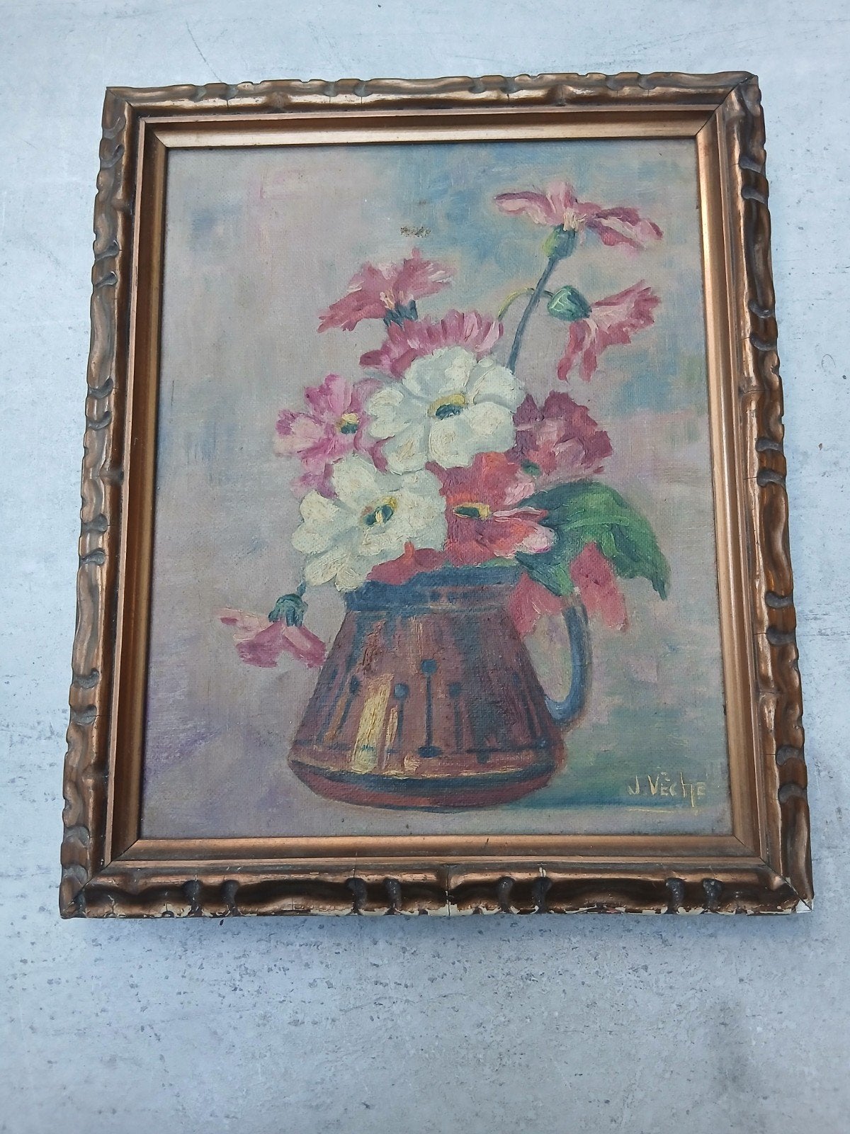 Antiek olieverfschilderij bloemstilleven –  J. Vêche, Bloemen, Doek, Ophalen of Verzenden, Gesigneerd