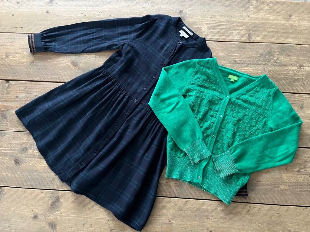 JBC - Lily Balou jurk blauw/groene ruit + cardigan 128 - 134, Kinderen en Baby's, Ophalen of Verzenden, JBC, Meisje, Jurk of Rok