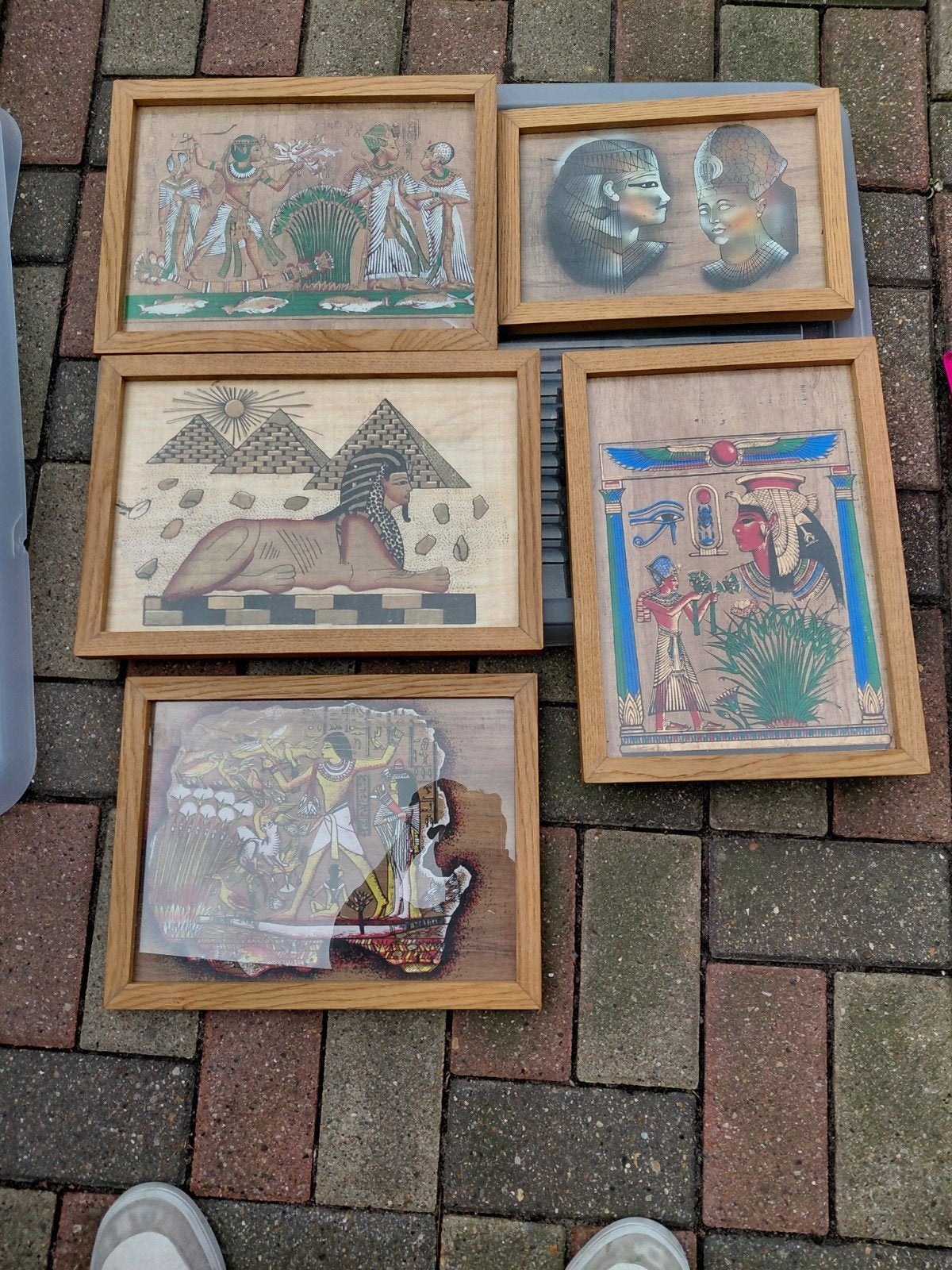 Papyrus tekening in eiken kader 5 stuks, Antiek en Kunst, Ophalen