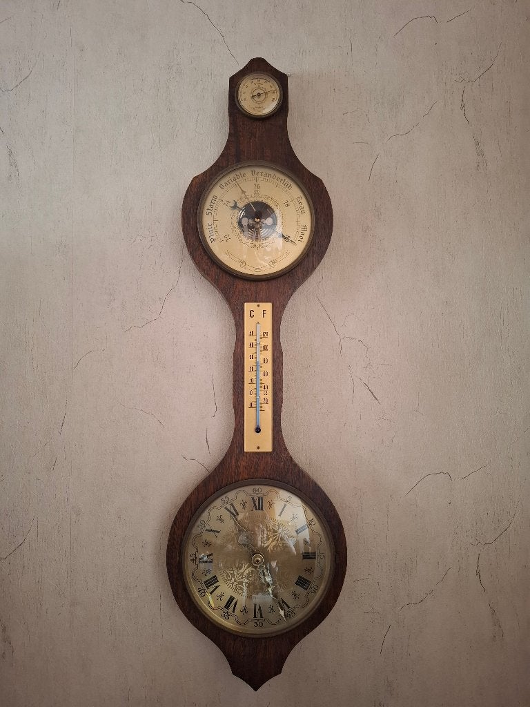 Vintage Houten Banjo Weerstation met Klok (4-in-1), Ophalen, Gebruikt, Weerstation