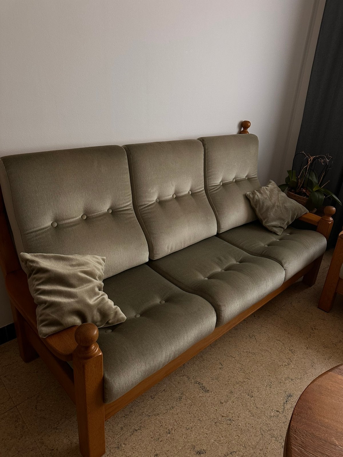 Vintage eiken salon 3-zit + 3 fauteuils + poef nieuw bekleed, Enlèvement