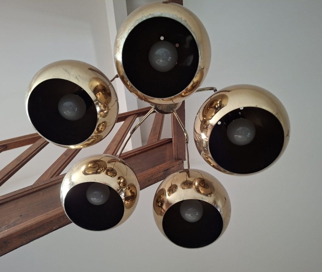 Lampe suspendue vintage, 5 boules, laiton, Enlèvement ou Envoi, Métal, Modern, E27 (grand)
