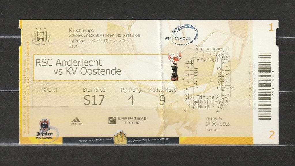 1 ticket RSC Anderlecht - KV Oostende : 12/12/2015, Ophalen of Verzenden, Gebruikt, Overige typen