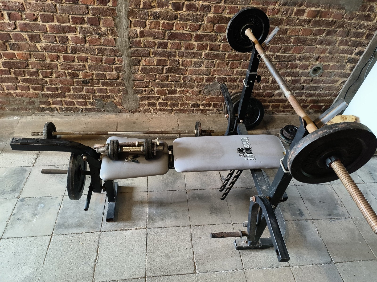 Christopeit sport met 2baren en 2dumbbells+132,5kg gewichten, Ophalen, Gebruikt, Armen, Overige typen