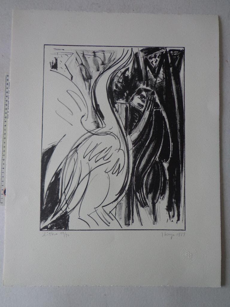 Expressionistische litho van Yvan Theys uit 1989, Enlèvement ou Envoi