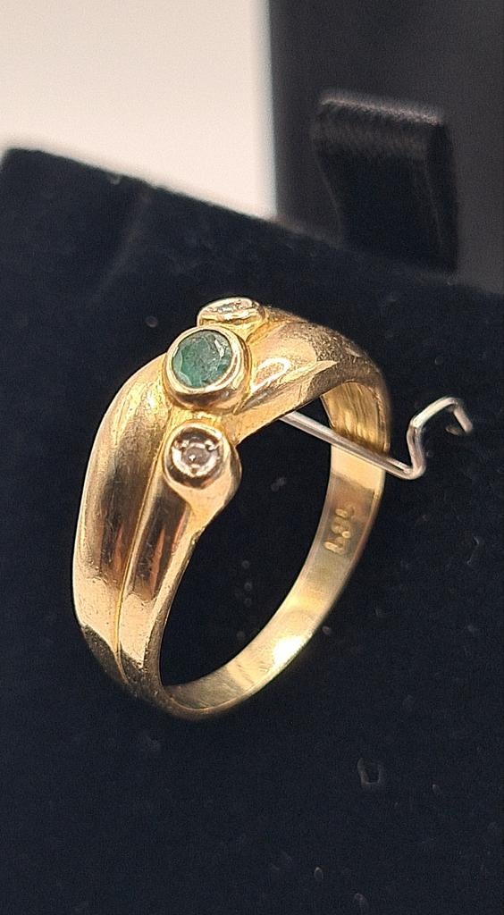 14k gouden ring met natuurlijke smaragd en diamanten, Verzenden