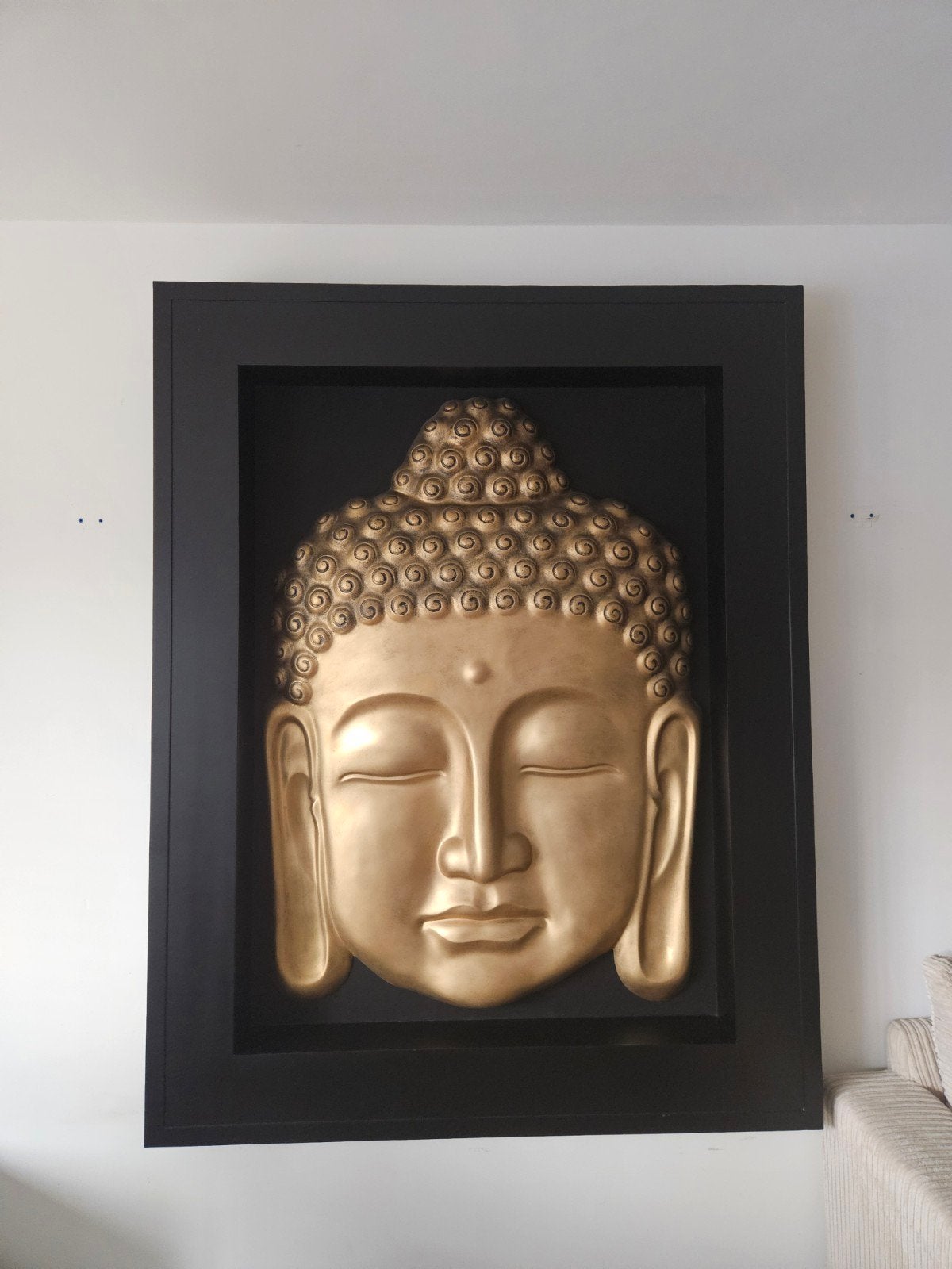 Gouden Boeddha Hoofd in Zwarte Lijst - Wanddecoratie, Ophalen, Zo goed als nieuw, Hout, Gouden accenten