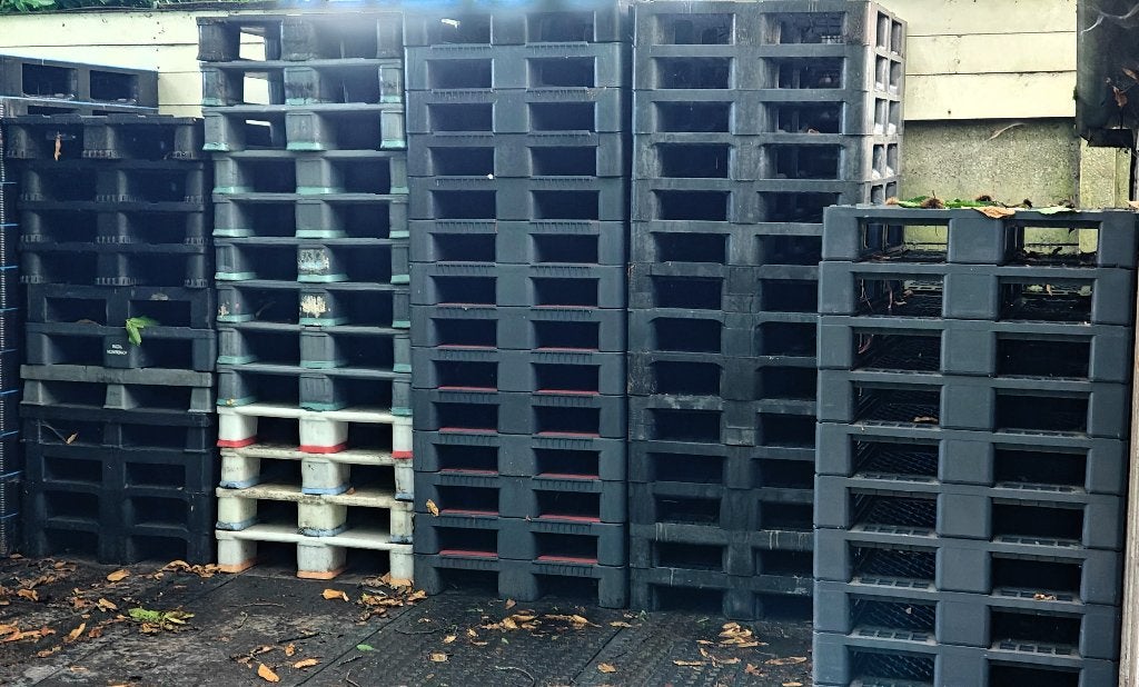 Restpartij stevige kunststof paletten 70 stuks, Doe-het-zelf en Bouw, Hout en Planken, Ophalen, Gebruikt