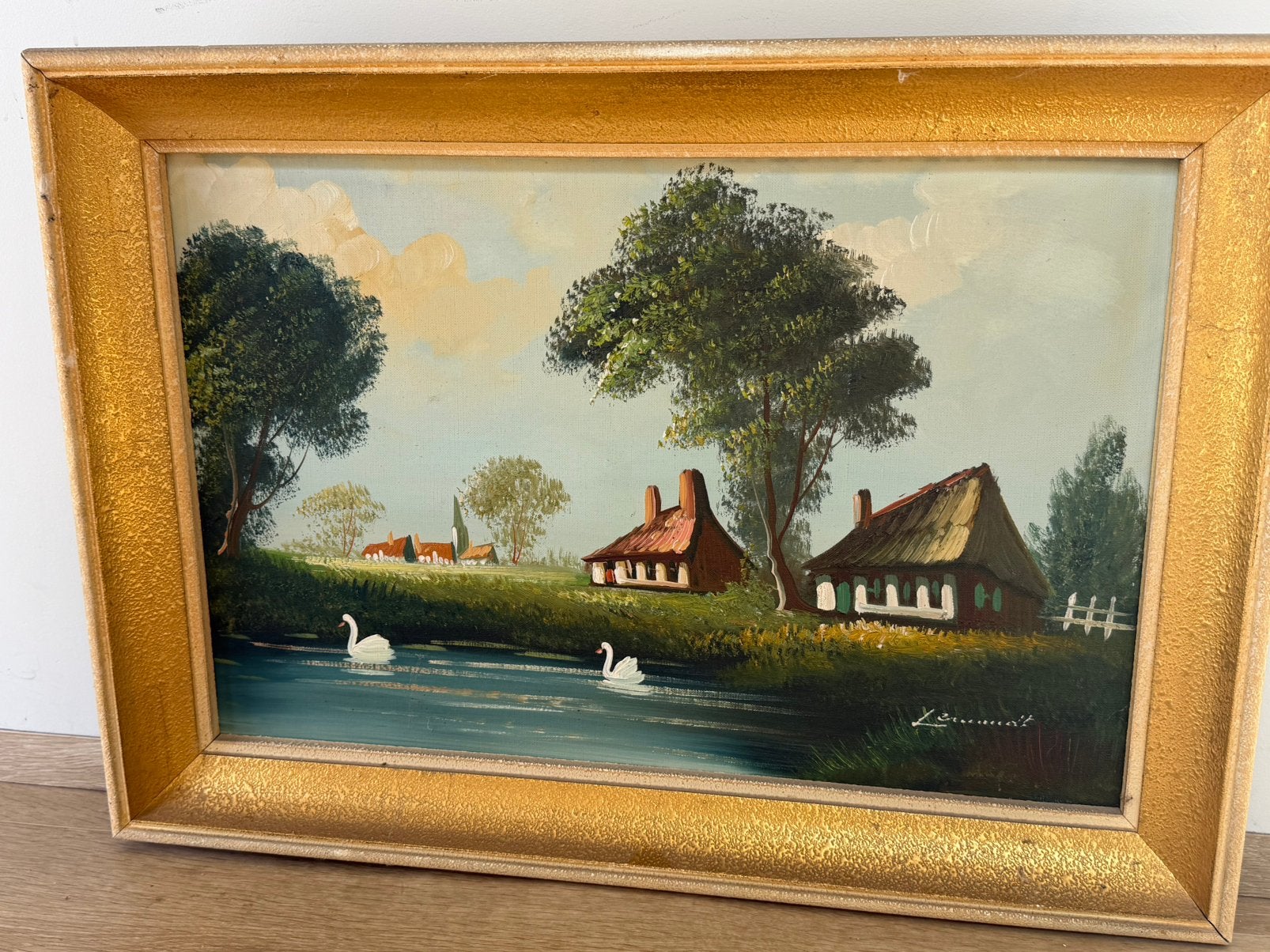 Olieverfschilderij 'Landschap met Zwanen' in Gouden Lijst, Peint à la main, Paysage, Enlèvement, Toile