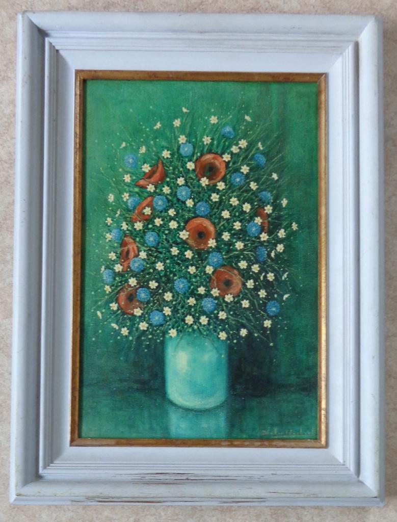 ONLEESBAAR / VELDBOEKET IN VAAS / OLIEVERF / 79x59cm / KADER, Enlèvement