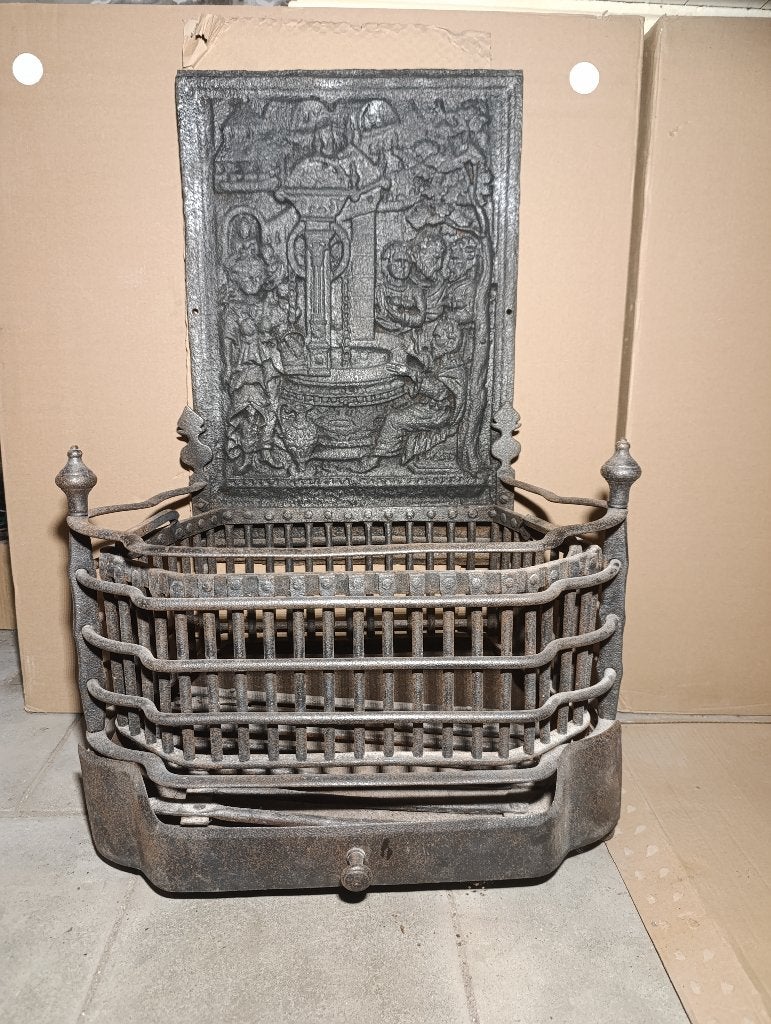 Antieke gietijzeren haardkorf met schouwplaat - Brocante, Maison & Meubles, Enlèvement ou Envoi, Comme neuf, Cheminée sur pied