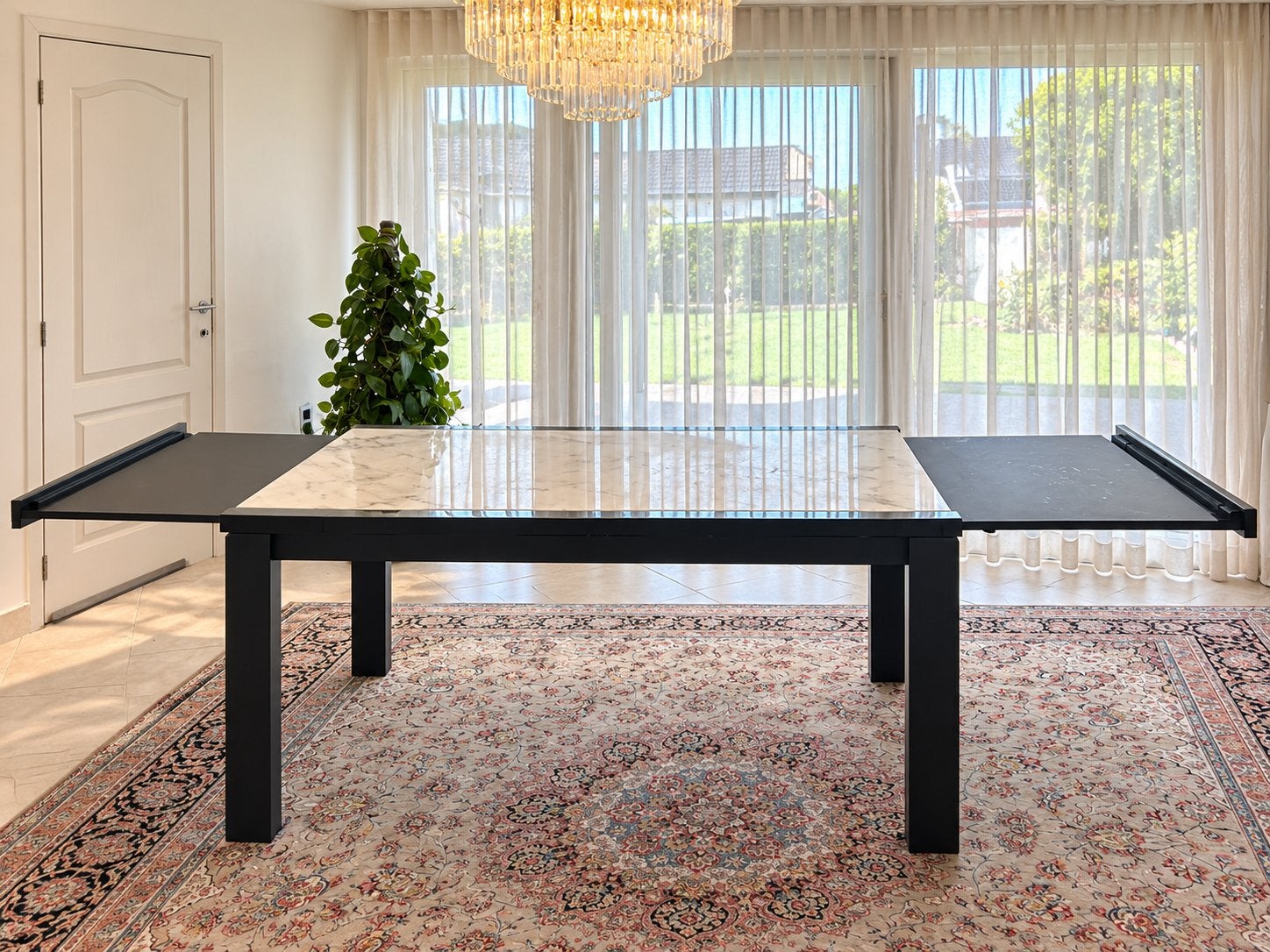 Table d'extension en marbre de luxe + 6 chaises en cuir, Enlèvement, Comme neuf